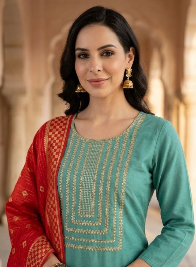 Yuris Green Embroidered, Three Quarter Sleeve, Round Embroidered Neck, Straight Kurta Set, Side Slit with Printed Dupatta - Image 2