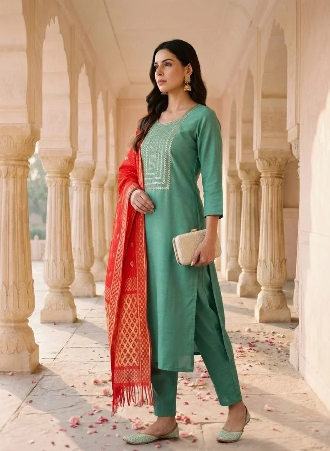 Yuris  Green Embroidered, Three Quarter Sleeve, Round Embroidered Neck, Straight Kurta Set, Side Slit with Printed Dupatta for Women | Best Price UAE