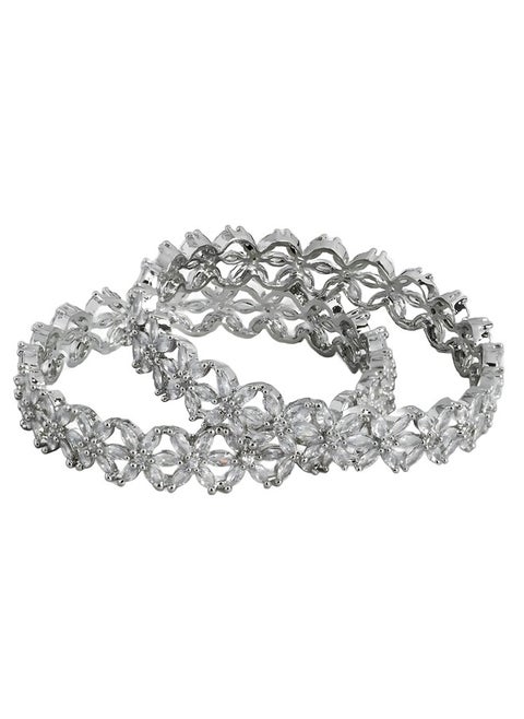 Just Peachy Set of 2 White Rhodium-Plated Floral AD Studded Bangles by Just Peachy, Elegant & Stylish Design, Perfect for Special Occasions | Durable & Shiny | Ideal Gift for Her