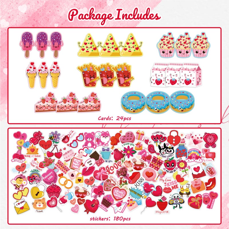 OHOME 204 PCS Valentines Day Stickers & Cards - Pink Cartoon Heart Shaped Stickers & Cards for Kids Classroom - Image 2