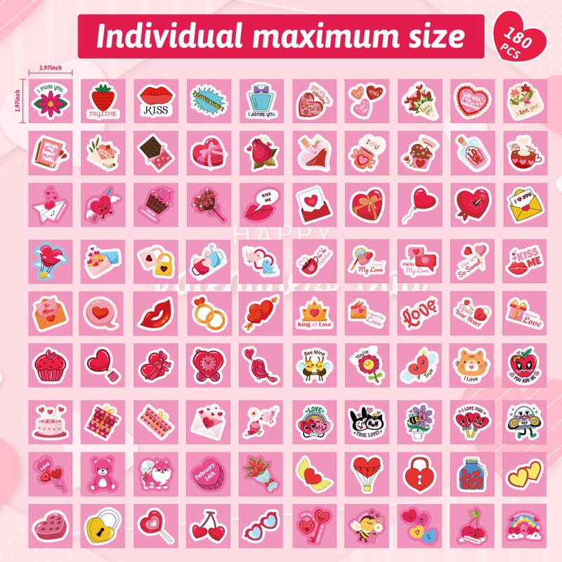 OHOME 204 PCS Valentines Day Stickers & Cards - Pink Cartoon Heart Shaped Stickers & Cards for Kids Classroom - Image 3