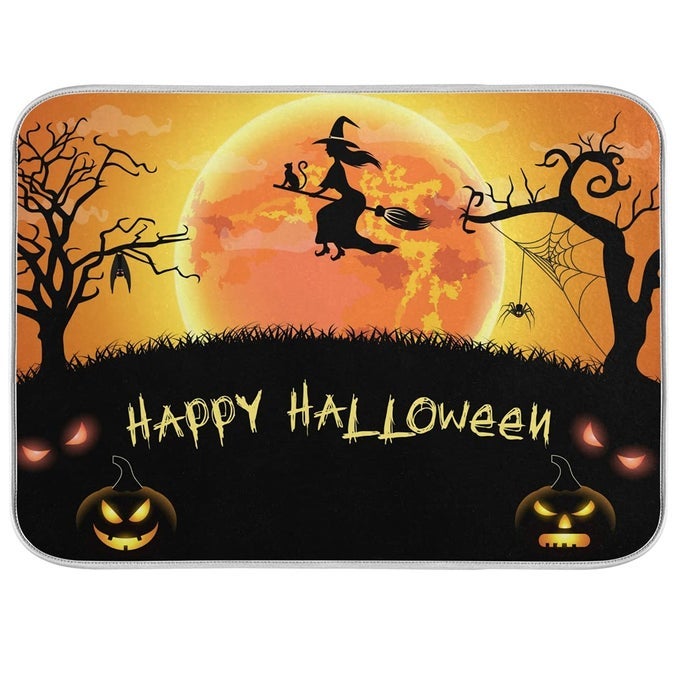 HALLOWEEN WITCH SPDIER BAT DISH DRYING MAT 18X24 ABSORBENT DISHES PUMPKIN SCARY NIGHT PAD DISH DRAINER MAT PROTECTOR FOR KITCHEN FAST DRY