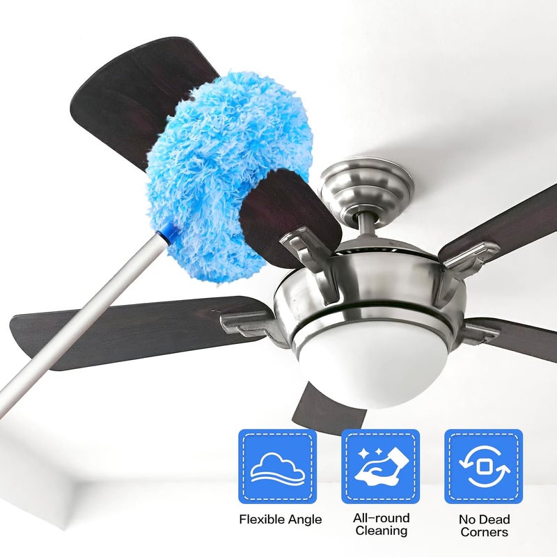 Heonay Ceiling Fan Cleaner Duster Reusable Microfiber Ceiling Fan Blade Cleaner Removable Duster with Extension Pole Adjusts 13 to 49.7 Inch for Cleaning Walls Furniture Door Window Top (Blue White) - Image 2