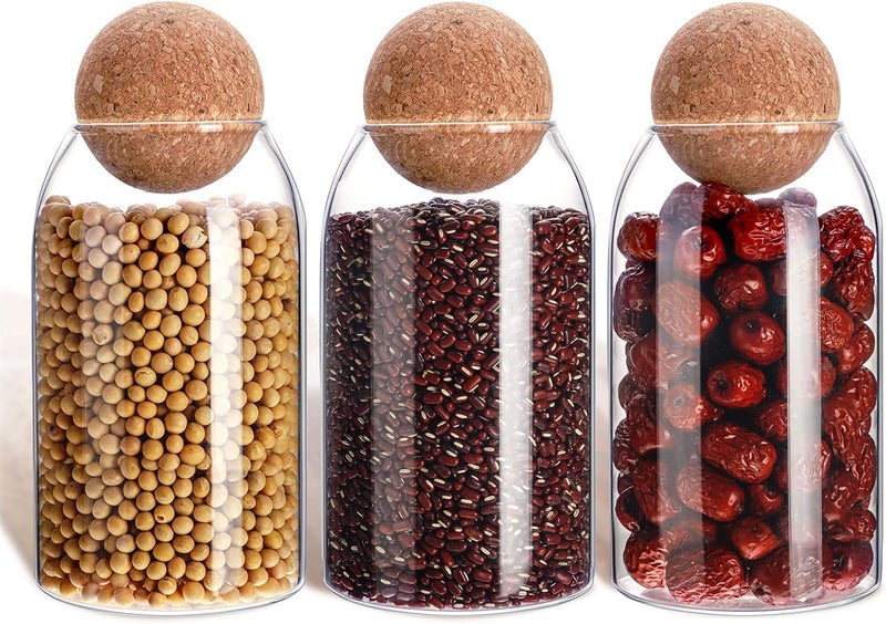 Cunhill 3 Pcs Glass Jar Storage Container with Ball Cork Decorative Round Organizer Bottle Sealed Canister Jar with Airtight Seal Wooden Lid for Food Coffee Bean Candy Biscuits Spice(800 ML/ 27 Oz) - Image 1