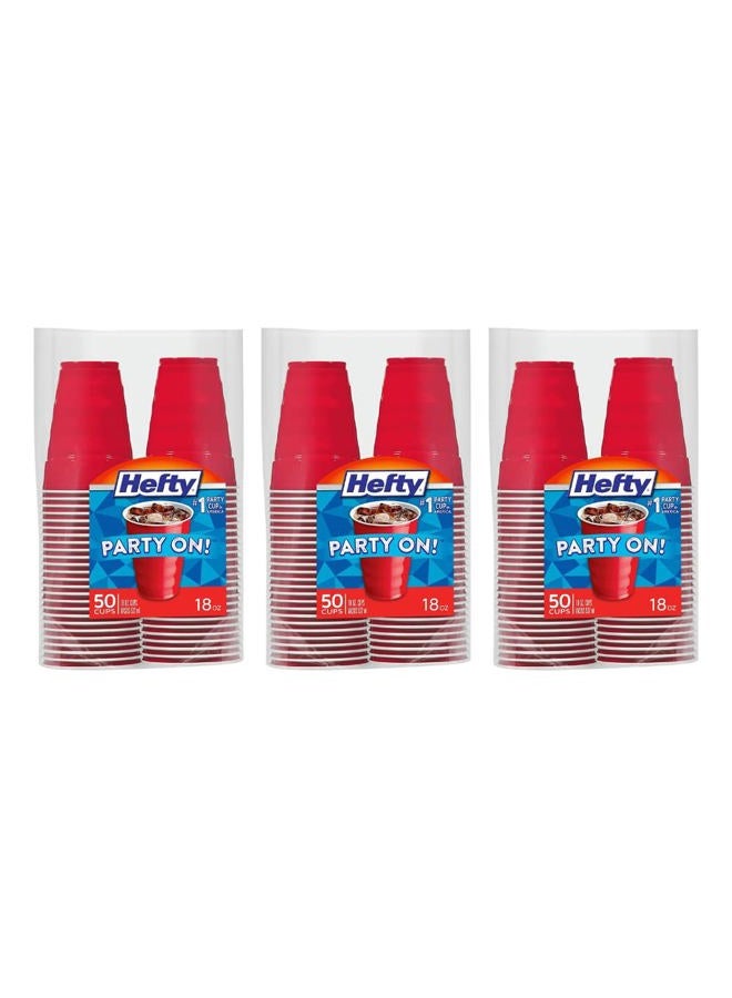 Hefty Party On Disposable Plastic Cups, Red, 18 Ounce, 50 Count (Pack of 3), 150 Total - Image 1