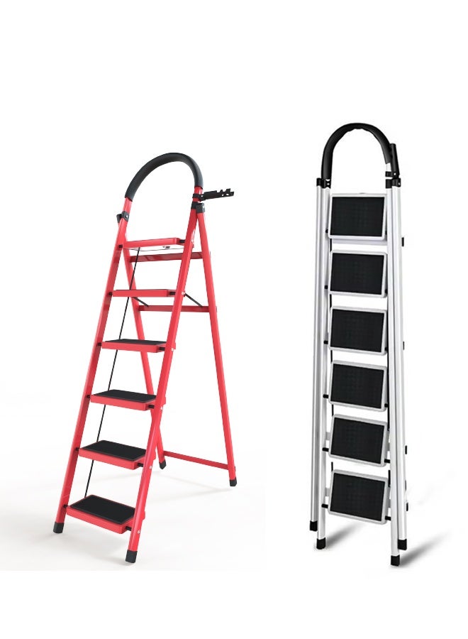 Foldable Ladder 6 Steps, Home Ladder Folding Step Stool with Wide Anti-Slip Pedal, and Adults Folding Sturdy Steel Ladder for Home,Kitchen, Garden, and Office Red - Image 1