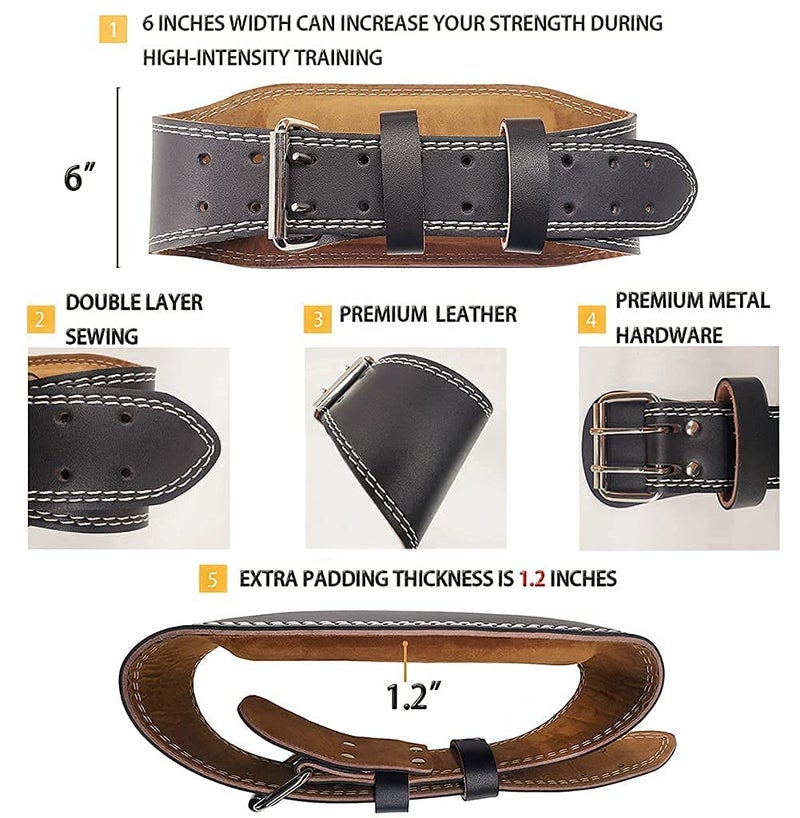 Nicynin Leather Weight lifting Belts for Men - 6 Inch Padded Lumbar Back Support Belt, Workout Waist Brace for Weightlifting Powerlifting Deadlifts Squat Strength Training Fitness - Image 2