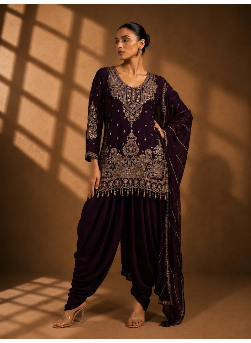 Lehar Regal Plum Embroidered Straight Kurta with Patiala Salwar and Dupatta Set