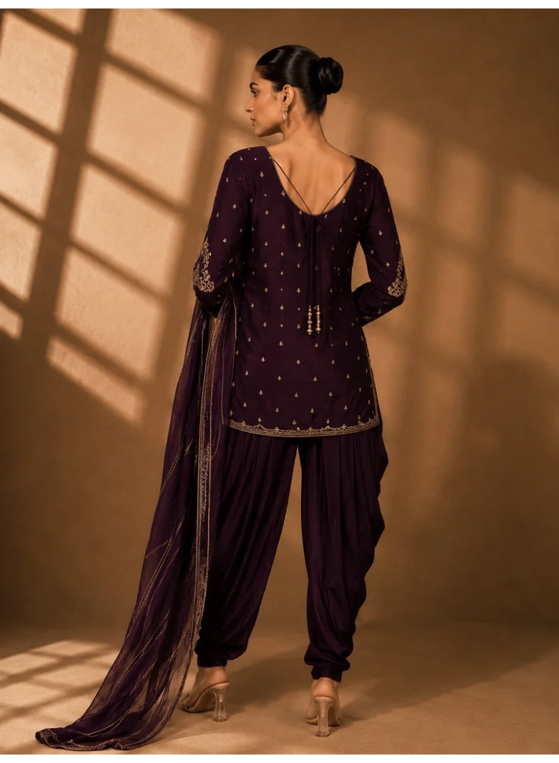 Lehar Regal Plum Embroidered Straight Kurta with Patiala Salwar and Dupatta Set
