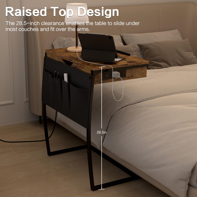 Hadulcet TV Tray Tables, Laptop Stand for Couch, C Shaped End Table with Charging Station, Couch Tables That Slide Under, Bed Desk for Eating, Couch Desk for Laptop, Rustic Brown - Image 2