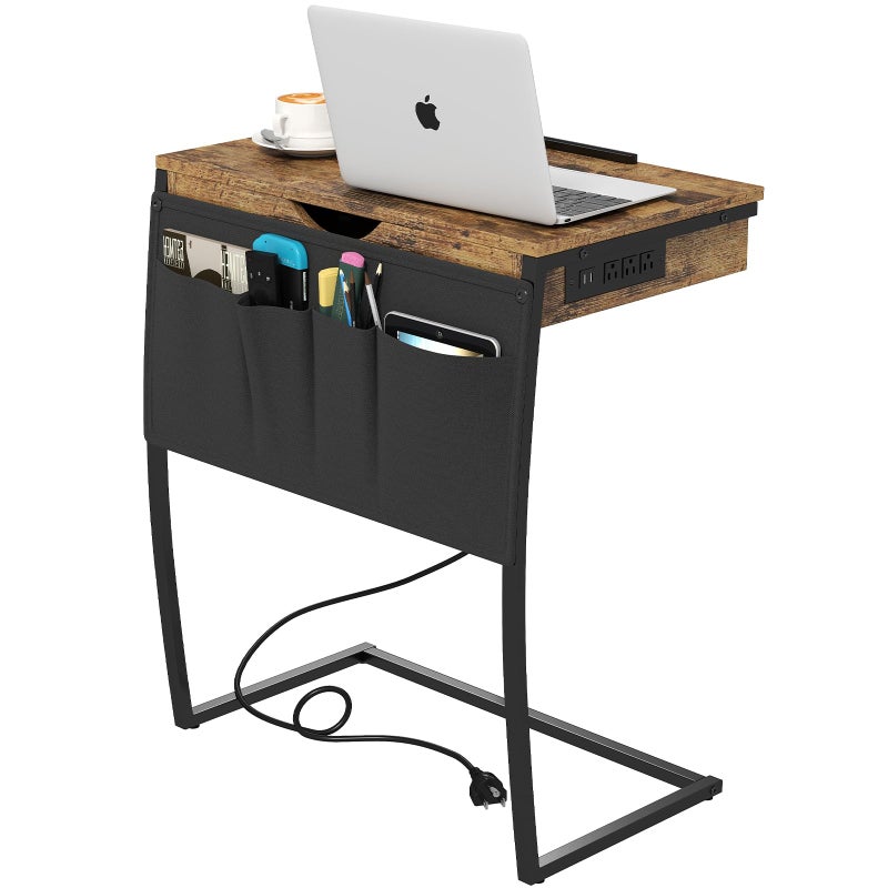 Hadulcet TV Tray Tables, Laptop Stand for Couch, C Shaped End Table with Charging Station, Couch Tables That Slide Under, Bed Desk for Eating, Couch Desk for Laptop, Rustic Brown - Image 1