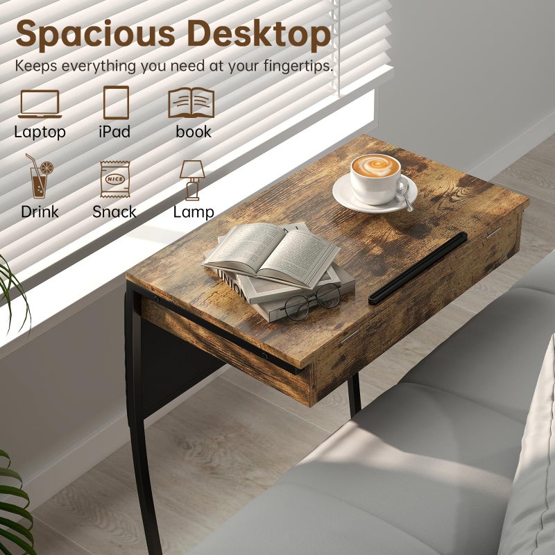 Hadulcet TV Tray Tables, Laptop Stand for Couch, C Shaped End Table with Charging Station, Couch Tables That Slide Under, Bed Desk for Eating, Couch Desk for Laptop, Rustic Brown - Image 5