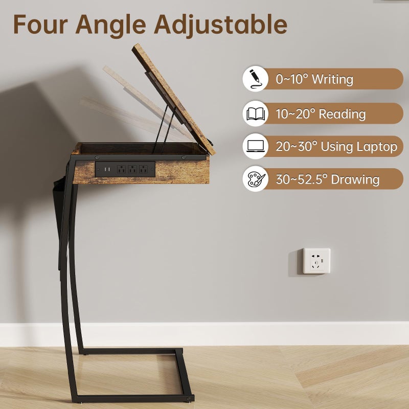 Hadulcet TV Tray Tables, Laptop Stand for Couch, C Shaped End Table with Charging Station, Couch Tables That Slide Under, Bed Desk for Eating, Couch Desk for Laptop, Rustic Brown - Image 4