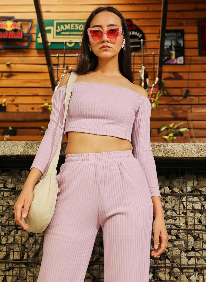 Pinacolada Women's Baby Pink Ribbed Co-Ord Set For Casual Wear | Off-Shoulder | Long Sleeves | Pull On Closure | Co-Ords Designed With Comfortable Fit For Woman & Girls