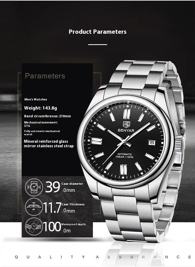 BENYAR ​​BENYAR Men's Mechanical Watch - Stainless Steel Silver Case, 30M Water Resistance, Classic Fashion Design, Business & Casual Style, Durable for Daily Wear & Special Occasions​​  - Image 3
