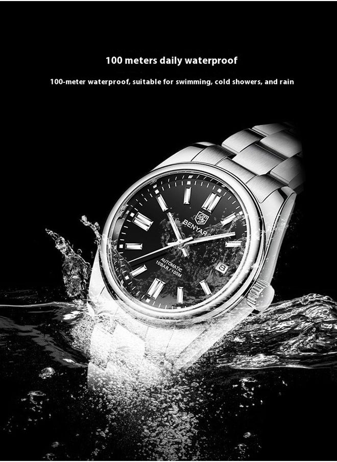 BENYAR ​​BENYAR Men's Mechanical Watch - Stainless Steel Silver Case, 30M Water Resistance, Classic Fashion Design, Business & Casual Style, Durable for Daily Wear & Special Occasions​​  - Image 4
