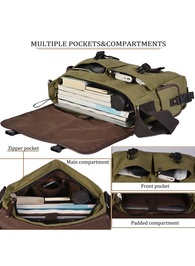 CROCOD Vintage Canvas 15.6 inch Laptop Messenger Bag for Men Women, College Computer Satchel Shoulder Bag Travel Office Briefcases (Green) - Image 4