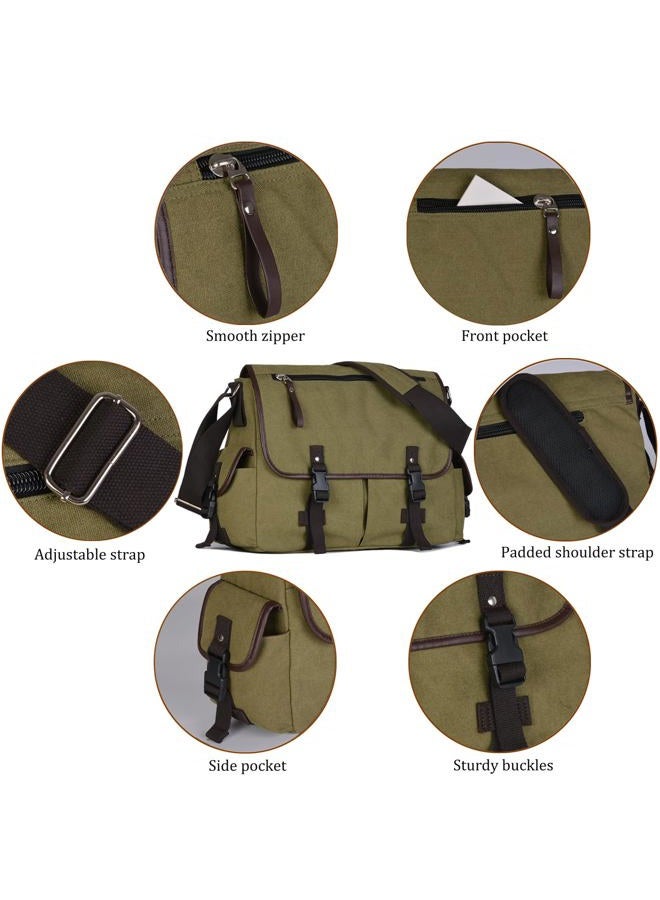 CROCOD Vintage Canvas 15.6 inch Laptop Messenger Bag for Men Women, College Computer Satchel Shoulder Bag Travel Office Briefcases (Green) - Image 5