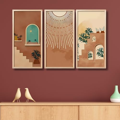 Nozvera Boho Modern Art Wall Painting Set of 3 Pcs With Frames | Big Size Long Frames | Modern Art Wall Hanging | Abstract Boho Frame Set | Home Wall Decor Items for Office, Living Room & Bedroom - Image 2