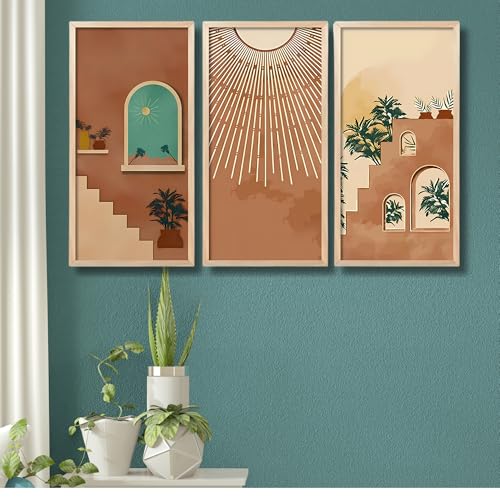 Nozvera Boho Modern Art Wall Painting Set of 3 Pcs With Frames | Big Size Long Frames | Modern Art Wall Hanging | Abstract Boho Frame Set | Home Wall Decor Items for Office, Living Room & Bedroom - Image 3