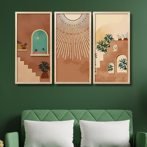Nozvera Boho Modern Art Wall Painting Set of 3 Pcs With Frames | Big Size Long Frames | Modern Art Wall Hanging | Abstract Boho Frame Set | Home Wall Decor Items for Office, Living Room & Bedroom - Image 1