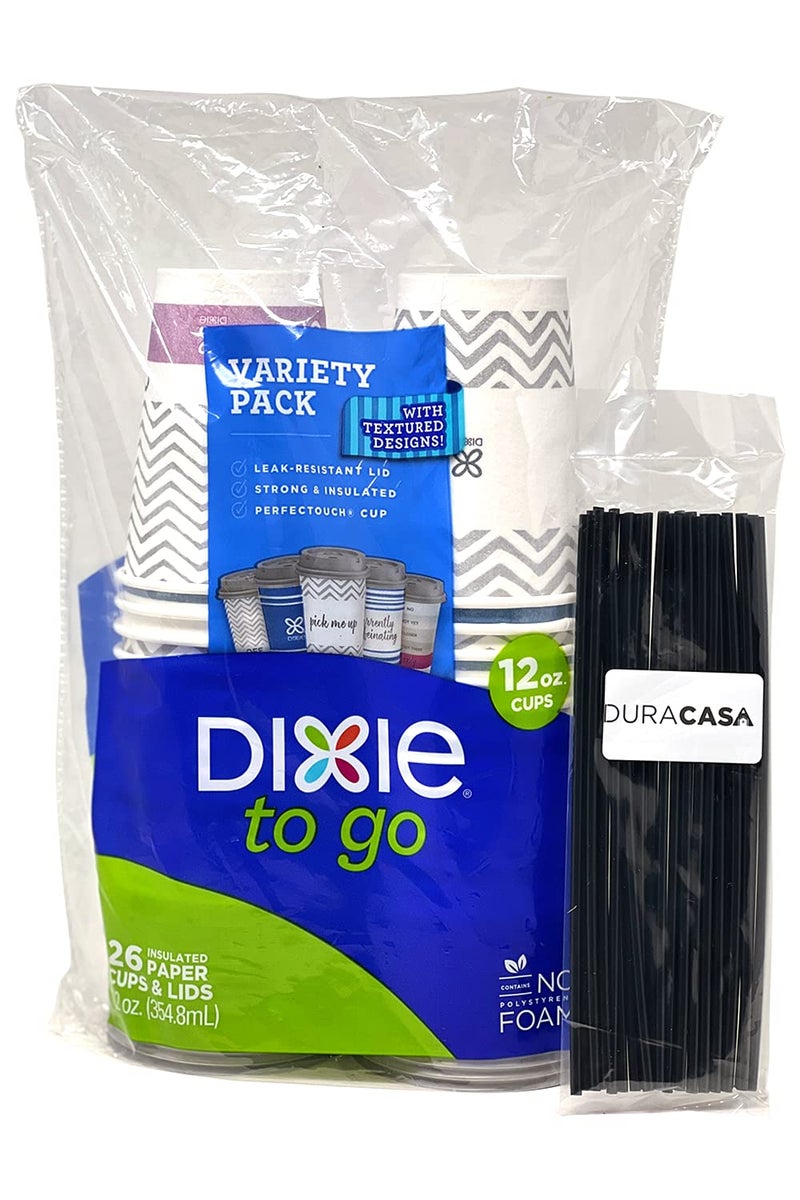 DuraCasa DuraCasa Straws and Dixie To Go Perfectouch Paper Cups and Lids Combo Bundle Pack of 26 Count 12 ounce Hot Beverage Cups  Lids Assorted Designs Disposable Paper Coffee Cups 26 Ct 12 Ounce