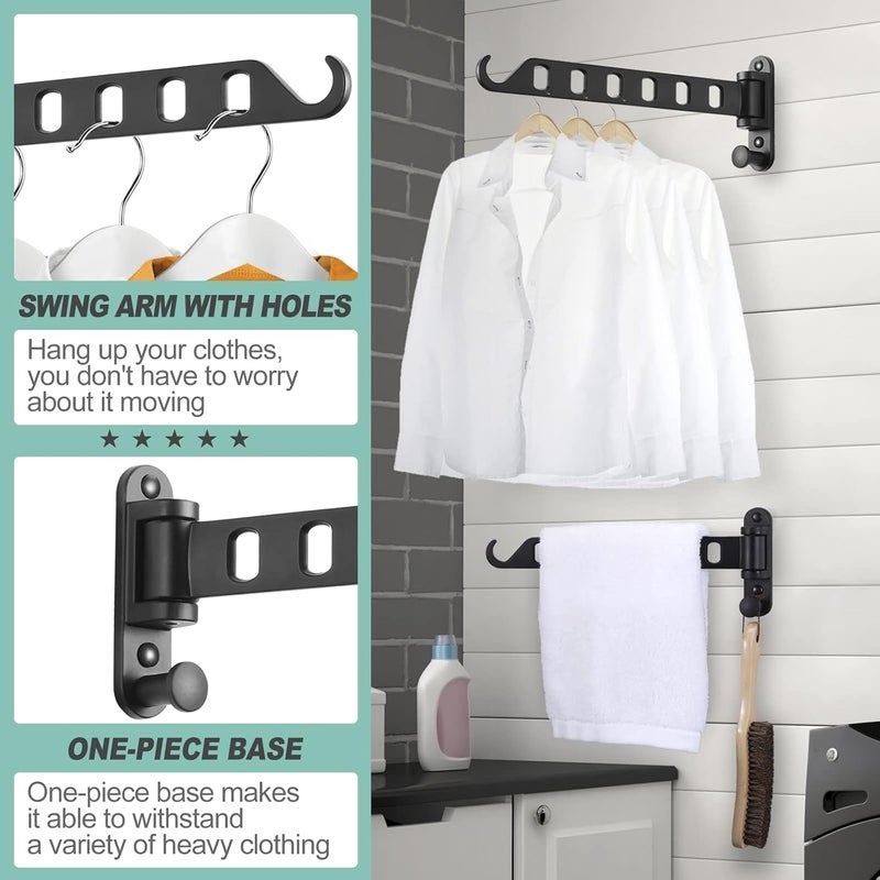 MAKINGTEC Wall Mounted Clothes Hanger with Swing Arm, Laundry Room Dryer Rack, Folding Valet Hook, Sturdy Hanging, Foldable 180°Rotation, Solid Aluminum (2-Pack, Black) - Image 2