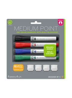 U Brands Low Odor Dry Erase Markers With Erasers, Medium Point, Assorted Classic Colors, With Gruv Marker Clips, 4-Count  - Image 1