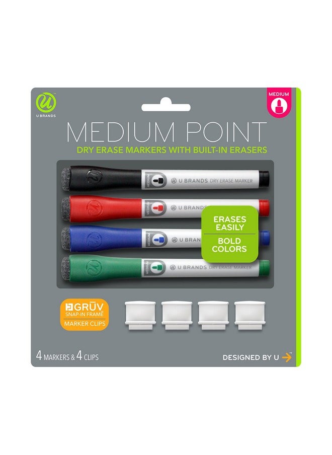 U Brands Low Odor Dry Erase Markers With Erasers, Medium Point, Assorted Classic Colors, With Gruv Marker Clips, 4-Count  - Image 1
