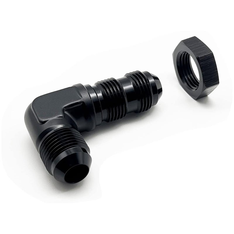 Aluminum 90 Degree 6AN Male Flare Bulkhead Fuel Fitting Union Adapter with AN6 Bulkhead Nut, Black