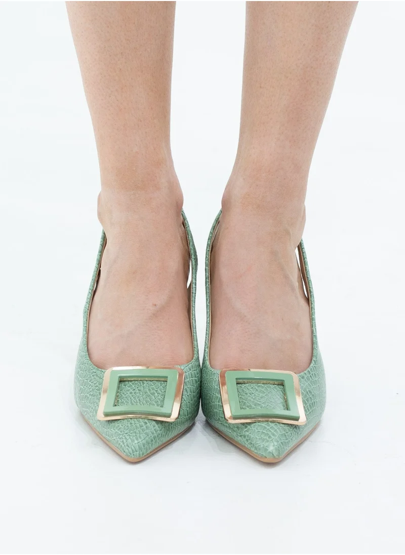 LAMARAPARIS Arabia snake skin pointy square trim sling back on 9cm heel avo