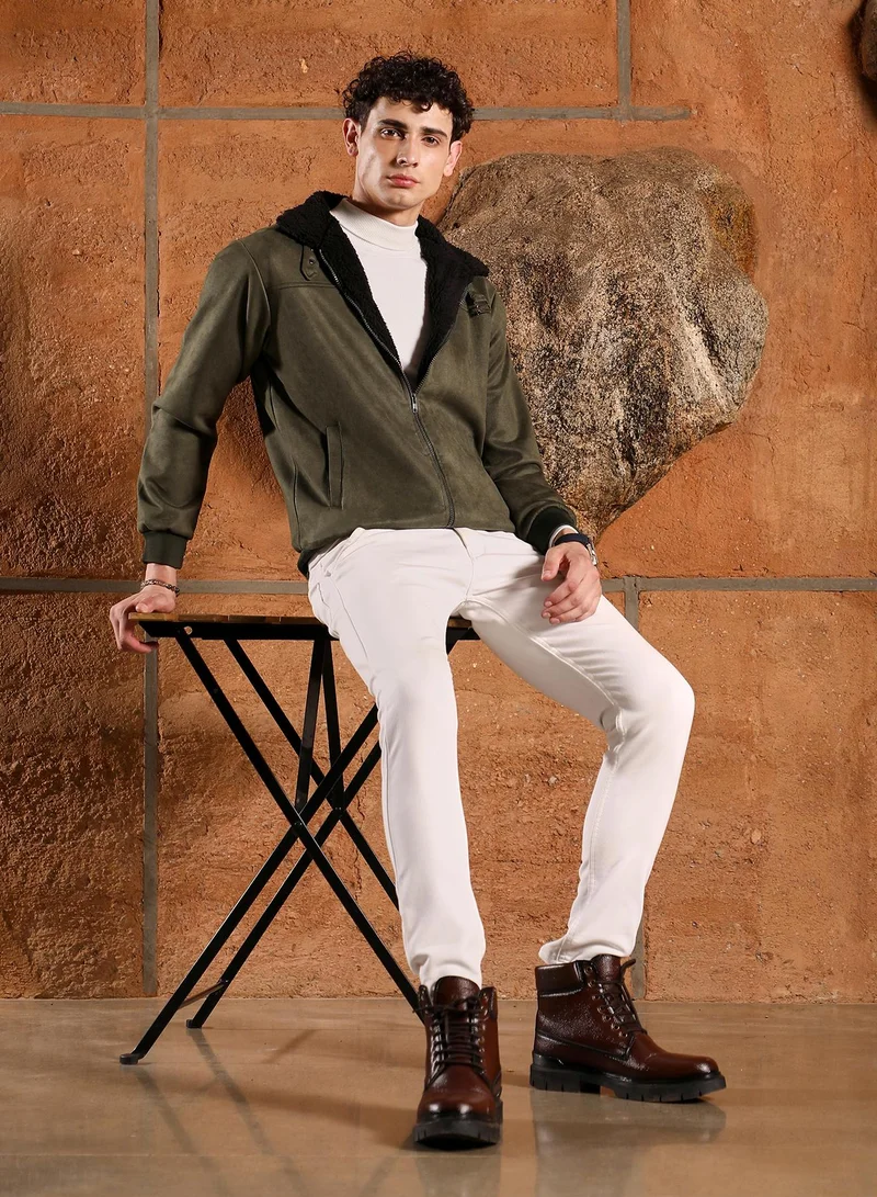 Campus Sutra  Men's Seaweed Green Contrast Sherpa-Lined Suede Bomber Jacket for Men | Best Price UAE