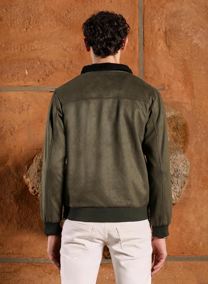 Campus Sutra  Men's Seaweed Green Contrast Sherpa-Lined Suede Bomber Jacket for Men | Best Price UAE