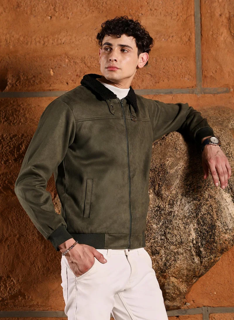 Campus Sutra  Men's Seaweed Green Contrast Sherpa-Lined Suede Bomber Jacket for Men | Best Price UAE