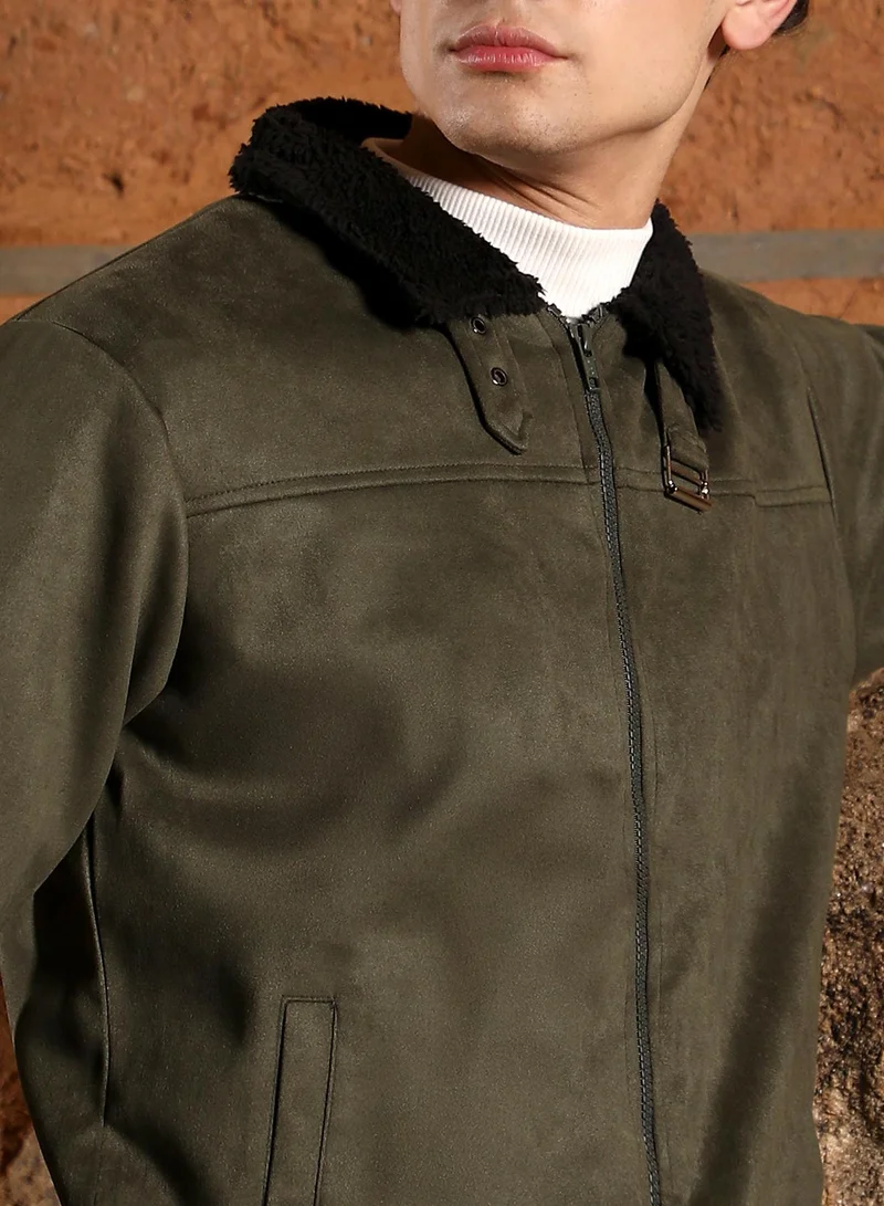 Campus Sutra  Men's Seaweed Green Contrast Sherpa-Lined Suede Bomber Jacket for Men | Best Price UAE