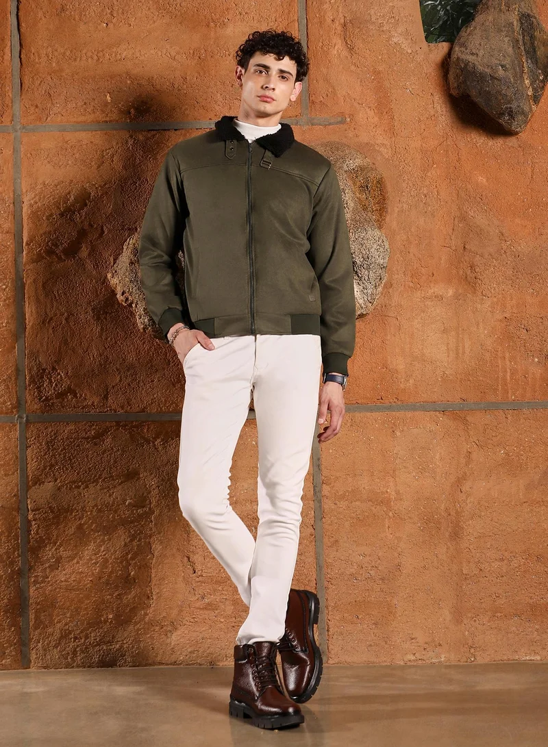 Campus Sutra  Men's Seaweed Green Contrast Sherpa-Lined Suede Bomber Jacket for Men | Best Price UAE