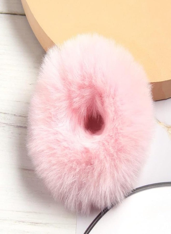 Minta 2pcs Pack Furry Faux Rabbit Fur Hair Scrunchies Artificial Fur Hair Bobbles Elastic Hair Band Rope Wristband Ponytail Accessories Light Pink - Image 3