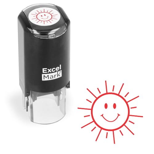 ExcelMark Happy Sun Round SelfInking Teacher Stamp Red Ink - Image 1