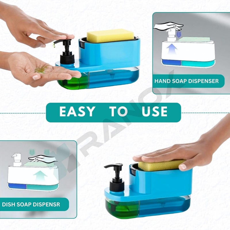 Ranox 3-in-1 Soap Dispenser for Kitchen Sink – Dish Soap Dispenser with Sponge Holder & Pump, Countertop Organizer for Kitchen or Bathroom wash Basin (Blue) - Image 5