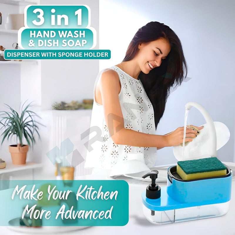 Ranox 3-in-1 Soap Dispenser for Kitchen Sink – Dish Soap Dispenser with Sponge Holder & Pump, Countertop Organizer for Kitchen or Bathroom wash Basin (Blue) - Image 3