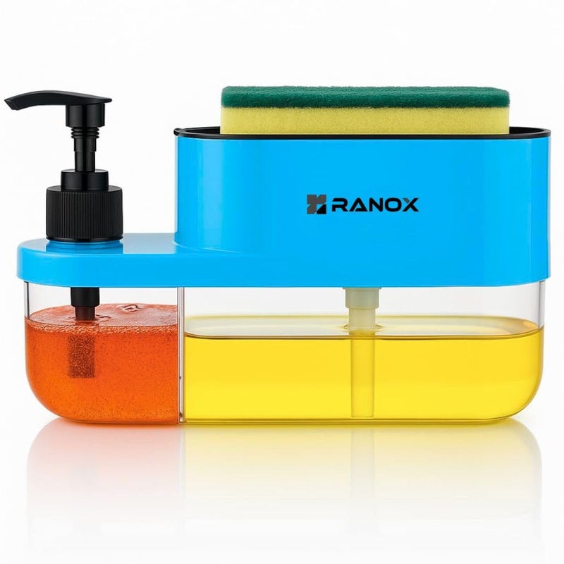 Ranox 3-in-1 Soap Dispenser for Kitchen Sink – Dish Soap Dispenser with Sponge Holder & Pump, Countertop Organizer for Kitchen or Bathroom wash Basin (Blue) - Image 1