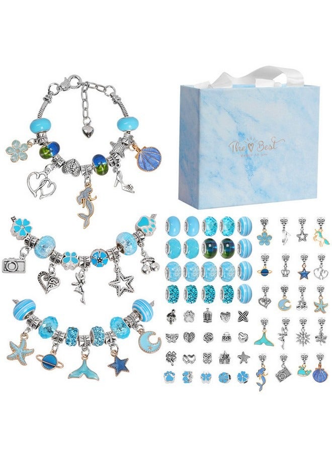 63-piece Charm Bracelet DIY Making Kit, Pandora Children DIY Bracelet Pendant Beaded Accessories, Girls Craft Toy Jewelry Gift Set with Gift Box (Blue) - Image 1