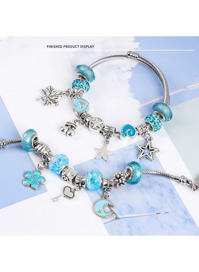 63-piece Charm Bracelet DIY Making Kit, Pandora Children DIY Bracelet Pendant Beaded Accessories, Girls Craft Toy Jewelry Gift Set with Gift Box (Blue) - Image 2