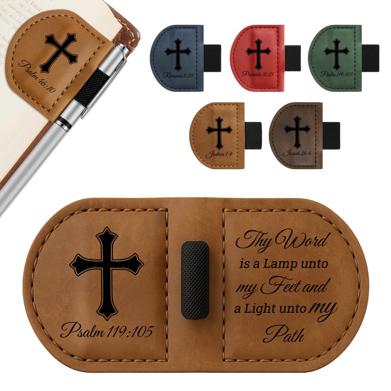 JUBOPE Bygone Mark Personalized Magnetic Leather Bookmark with Pen Holder - Inspirational Bible Verse Scripture Design, Custom Book Marker for Book Lovers Men Women (Brown-Psalm 119ï¼š105) - Image 1