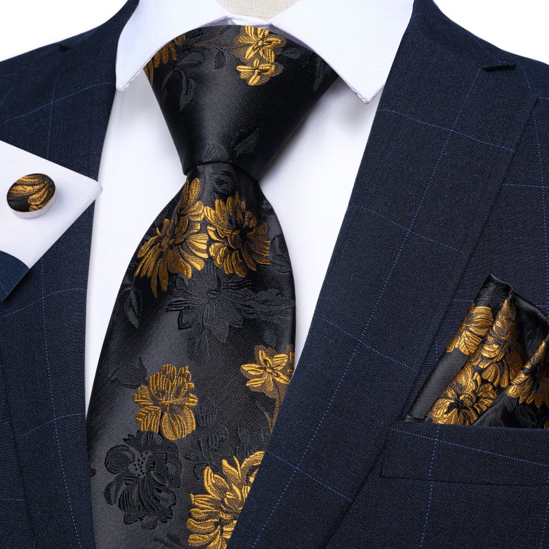 DiBanGu Black Floral Necktie for Men Silk Golden Black Floral Tie and Pocket Square Cufflinks Party Wedding - Image 3