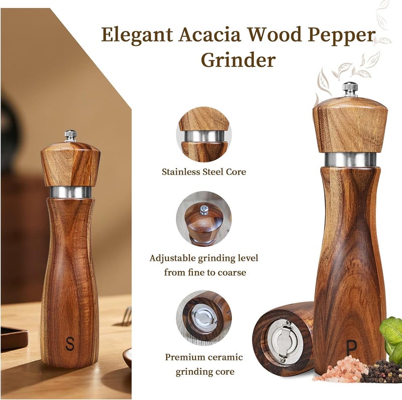 Haomacro 2 Pack Acacia Wood Salt and Pepper Grinder Set, Wooden Salt and Pepper Mill Set Salt and Pepper Shaker Tableware Birthday Gifts Ceramic Core-8 Inch - Image 4