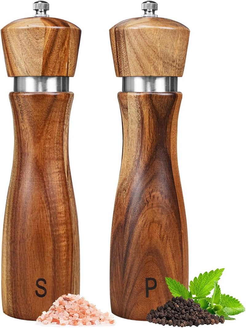 Haomacro 2 Pack Acacia Wood Salt and Pepper Grinder Set, Wooden Salt and Pepper Mill Set Salt and Pepper Shaker Tableware Birthday Gifts Ceramic Core-8 Inch - Image 1