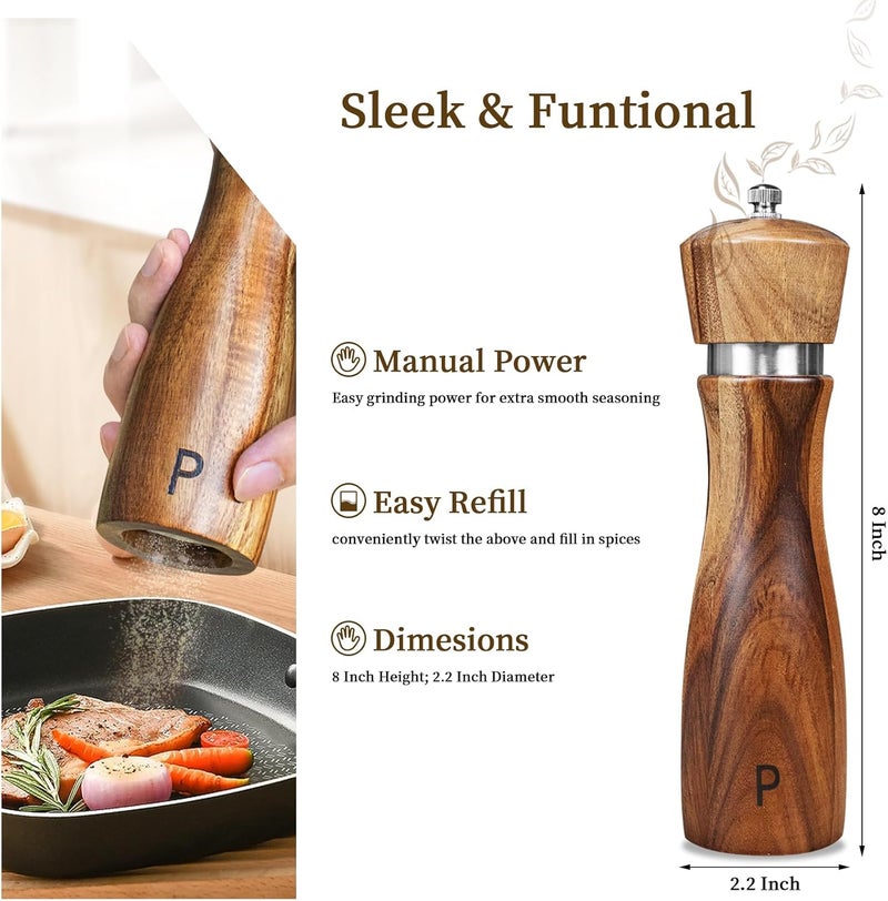 Haomacro 2 Pack Acacia Wood Salt and Pepper Grinder Set, Wooden Salt and Pepper Mill Set Salt and Pepper Shaker Tableware Birthday Gifts Ceramic Core-8 Inch - Image 3