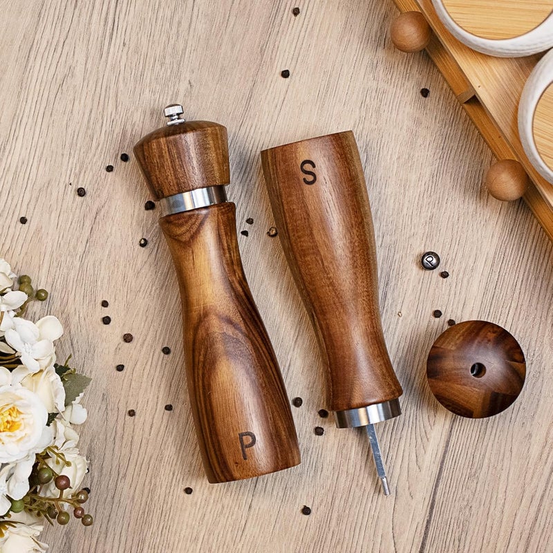 Haomacro 2 Pack Acacia Wood Salt and Pepper Grinder Set, Wooden Salt and Pepper Mill Set Salt and Pepper Shaker Tableware Birthday Gifts Ceramic Core-8 Inch - Image 2