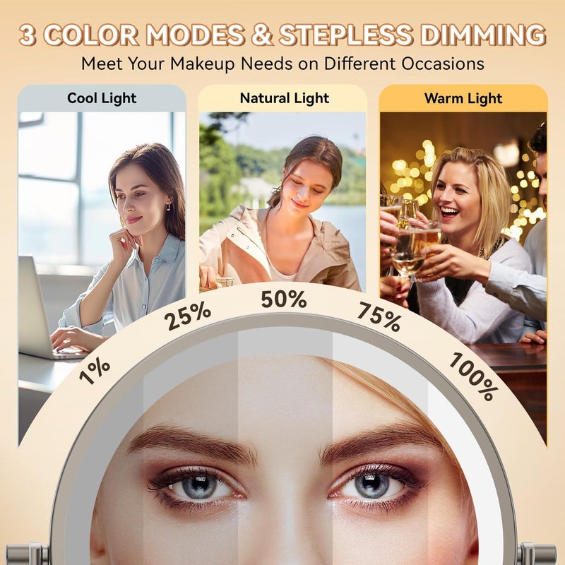 Auxmir 8'' Wall Mounted Lighted Makeup Mirror, 3200mAh Rechargeable, 1X/20X Dual Magnification, 3-Color LED Light, 360° Adjustable Arm, Nickel - Image 3
